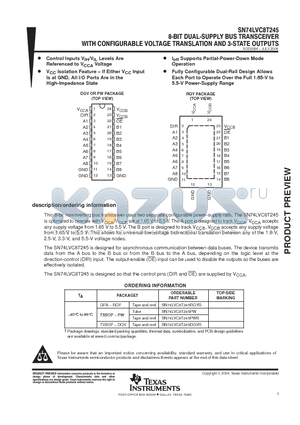 SN74LVC8T245 datasheet - 8BIT DUAL-SUPPLY BUS TRANSCEIVER WITH CONFIGURABLE VOLTAGE TRANSLATION AND 3-STATE OUTPUTS