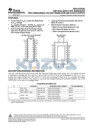 SN74LVC8T245 datasheet - 8-BIT DUAL-SUPPLY BUS TRANSCEIVER WITH CONFIGURABLE VOLTAGE TRANSLATION AND 3-STATE OUTPUTS