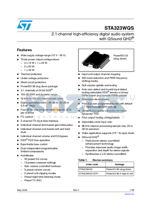 STA323WQS13TR datasheet - 2.1-channel high-efficiency digital audio system with QSound QHD^