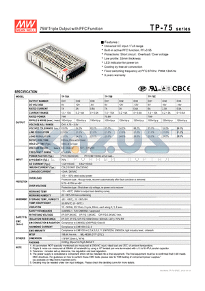 TP-7503 datasheet - 75W Triple Output with PFC Function