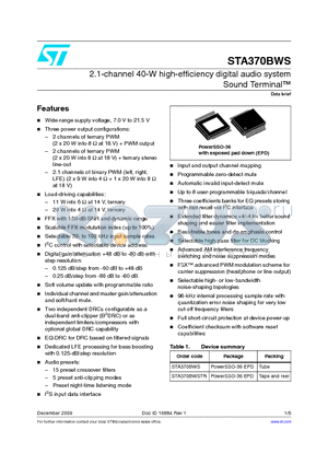 STA370BWSTR datasheet - 2.1-channel 40-W high-efficiency digital audio system Sound Terminal
