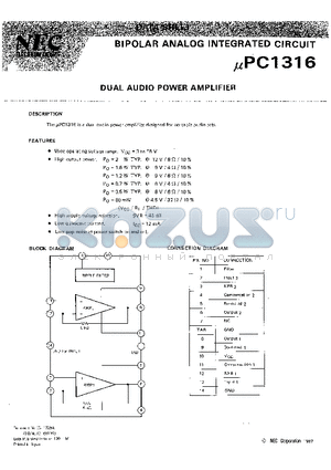 UPC1316C datasheet - DUAL AUDIO POWER AMPLIFIER
