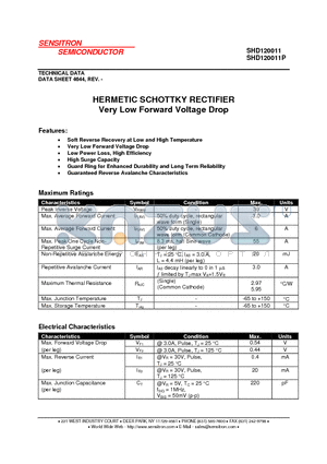 SHD120011P datasheet - HERMETIC SCHOTTKY RECTIFIER Very Low Forward Voltage Drop