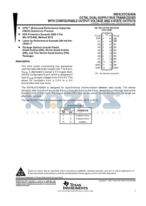 SN74LVCC4245ADW datasheet - OCTAL DUAL-SUPPLY BUS TRANSCEIVER WITH CONFIGURABLE OUTPUT VOLTAGE AND 3-STATE OUTPUTS