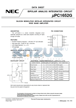 UPC1652G datasheet - SILICON MONOLITHIC BIPOLAR INTEGRATED CIRCUIT WIDE BAND AMPLIFIER