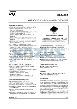 STA400A datasheet - XMRADIO SDARS CHANNEL DECODER