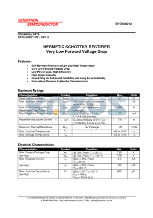 SHD120213 datasheet - HERMETIC SCHOTTKY RECTIFIER Very Low Forward Voltage Drop