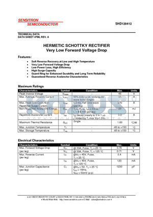 SHD120412 datasheet - HERMETIC SCHOTTKY RECTIFIER Very Low Forward Voltage Drop