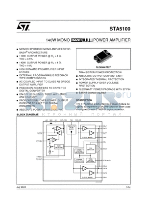 STA5100 datasheet - 140W MONO BASH POWER AMPLIFIER