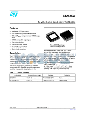 STA515W datasheet - 40-volt, 3-amp, quad power half bridge