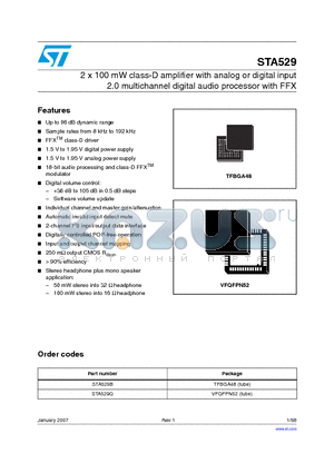 STA529_07 datasheet - 2 x 100 mW class-D amplifier with analog or digital input 2.0 multichannel digital audio processor with FFX