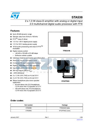 STA538B datasheet - 2 x 1.3 W class-D amplifier with analog or digital input 2.0 multichannel digital audio processor with FFX