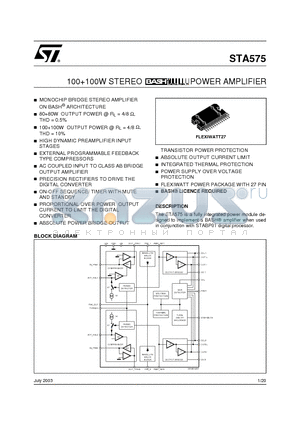 STA575 datasheet - 100100W STEREO BASH  POWER AMPLIFIER