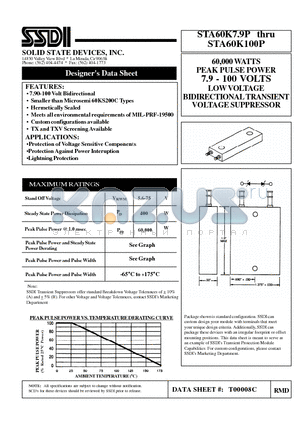 STA60K12.7P datasheet - 60,000 WATTS PEAK PULSE POWER 7.9 - 100 VOLTS LOW VOLTAGE BIDIRECTIONAL TRANSIENT VOLTAGE SUPPRESSOR