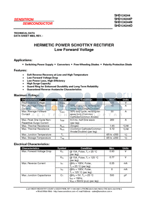 SHD124244D datasheet - HERMETIC POWER SCHOTTKY RECTIFIER Low Forward Voltage