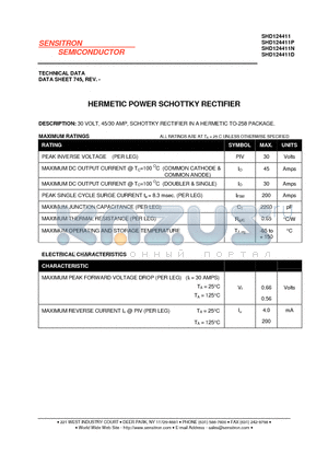 SHD124411D datasheet - 30 VOLT, 45/30 AMP, SCHOTTKY RECTIFIER IN A HERMETIC TO-258 PACKAGE.