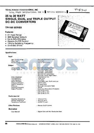 TP1122 datasheet - 25 to 30 WATT SINGLE, DUAL and TRIPLE OUTPUT DC-DC CONVERTERS