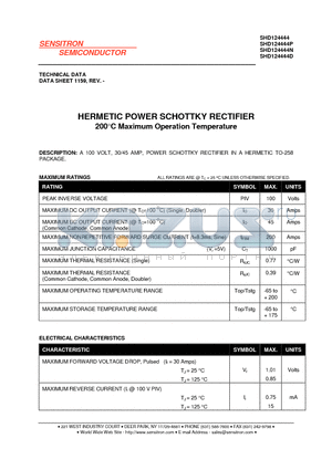 SHD124444P datasheet - HERMETIC POWER SCHOTTKY RECTIFIER 200C Maximum Operation Temperature