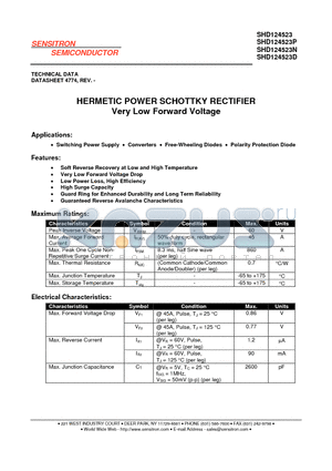 SHD124523 datasheet - HERMETIC POWER SCHOTTKY RECTIFIER Very Low Forward Voltage