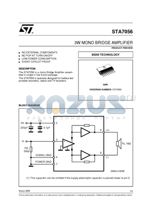 STA7056 datasheet - 3W MONO BRIDGE AMPLIFIER