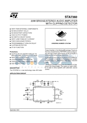 STA7360 datasheet - 20W BRIDGE/STEREO AUDIO AMPLIFIER WITH CLIPPING DETECTOR