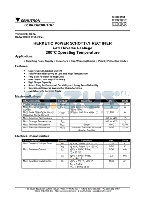 SHD124534 datasheet - HERMETIC POWER SCHOTTKY RECTIFIER Low Reverse Leakage 200`C Operating Temperature