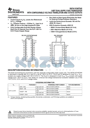 SN74LVCH8T245 datasheet - 8-BIT DUAL-SUPPLY BUS TRANSCEIVER WITH CONFIGURABLE VOLTAGE TRANSLATION AND 3-STATE OUTPUTS
