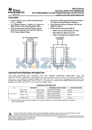 SN74LVCH8T245DBQR datasheet - 8-BIT DUAL-SUPPLY BUS TRANSCEIVER WITH CONFIGURABLE VOLTAGE TRANSLATION AND 3-STATE OUTPUTS