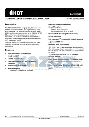 STAC9200X3NAE datasheet - 2-CHANNEL HIGH DEFINITION AUDIO CODEC