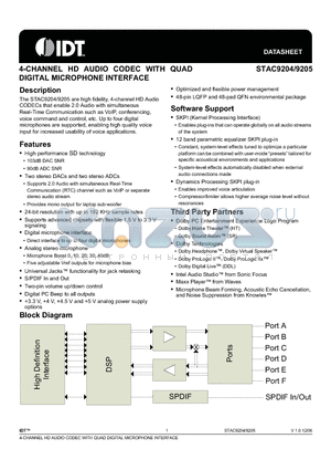 STAC9205X5TAEYYX datasheet - 4-CHANNEL HD AUDIO CODEC WITH QUAD DIGITAL MICROPHONE INTERFACE