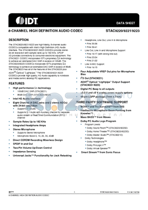 STAC9221X5TAEYYX datasheet - 8-CHANNEL HIGH DEFINITION AUDIO CODEC