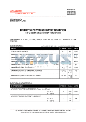 SHD125012D datasheet - HERMETIC POWER SCHOTTKY RECTIFIER 150`C Maximum Operation Temperature