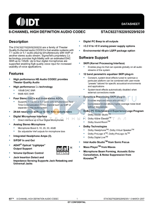 STAC9229X5TAEYYX datasheet - 8-CHANNEL HIGH DEFINITION AUDIO CODEC