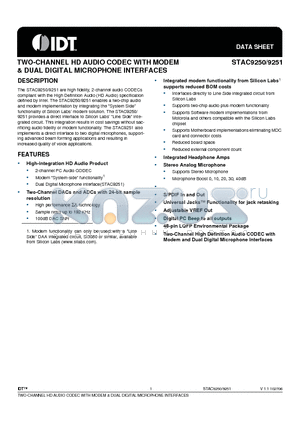 STAC9250D5TAEYY datasheet - TWO-CHANNEL HD AUDIO CODEC WITH MODEM & DUAL DIGITAL MICROPHONE INTERFACES