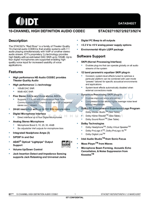 STAC9271X5TAEYYX datasheet - 10-CHANNEL HIGH DEFINITION AUDIO CODEC