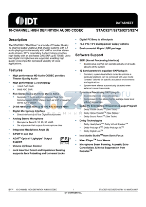 STAC9272 datasheet - 10-CHANNEL HIGH DEFINITION AUDIO CODEC