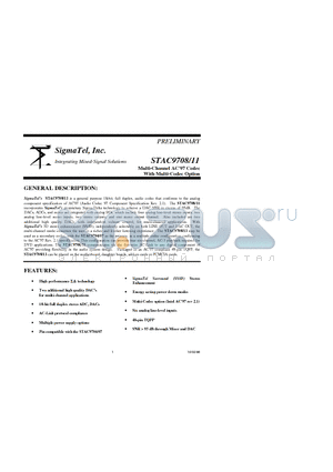 STAC9708T datasheet - Multi-Channel AC97 Codec With Multi-Codec Option