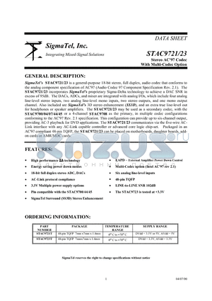 STAC9723T datasheet - Stereo AC 97 Codec With Multi-Codec Option