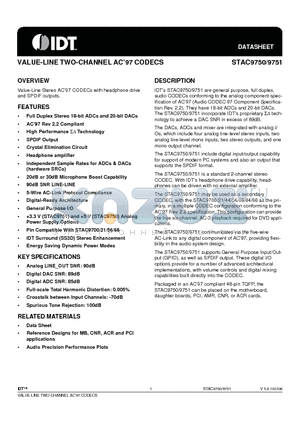 STAC9750 datasheet - VALUE-LINE TWO-CHANNEL AC97 CODECS