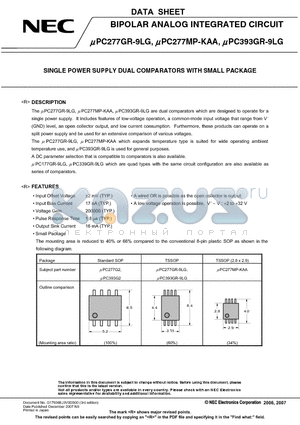 UPC277GR5-9LG-E1-A datasheet - BIPOLAR ANALOG INTEGRATED CIRCUIT SINGLE POWER SUPPLY DUAL COMPARATORS WITH SMALL PACKAGE