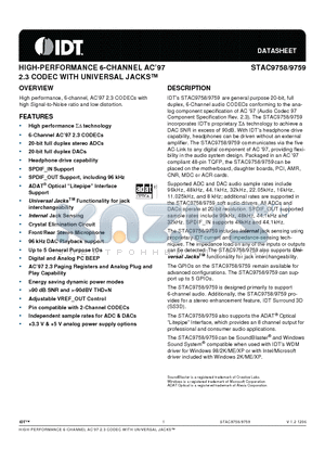 STAC9758XXTAEYYX datasheet - HIGH-PERFORMANCE 6-CHANNEL AC97 2.3 CODEC WITH UNIVERSAL JACKS