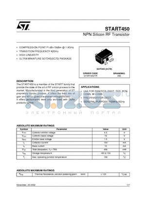 START450 datasheet - NPN Silicon RF Transistor