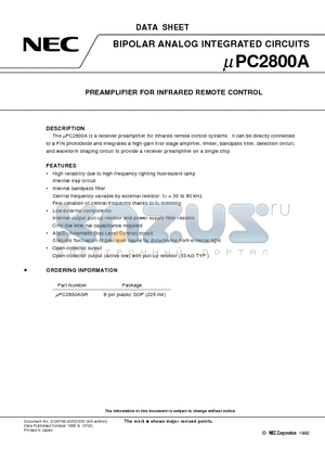 UPC2800AGR datasheet - PREAMPLIFIER FOR INFRARED REMOTE CONTROL