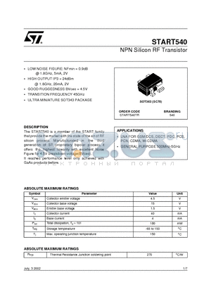 START540TR datasheet - NPN Silicon RF Transistor