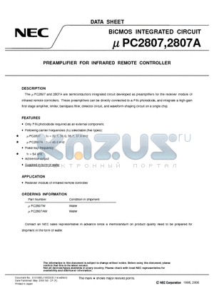 UPC2807W datasheet - PREAMPLIFIER FOR INFRARED REMOTE CONTROLLER