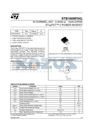 STB100NF04L datasheet - N-CHANNEL 40V - 0.0036 W - 100A D2PAK STripFET II POWER MOSFET