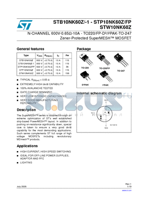 STB10NK60Z datasheet - N-channel 600V - 0.65OHM - 10A - I2/D2PAK - TO-220/FP - TO-247 Zener-protected SuperMESH TM  Power MOSFET