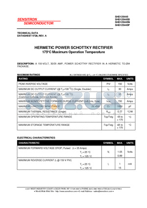 SHD125445 datasheet - HERMETIC POWER SCHOTTKY RECTIFIER 175`C Maximum Operation Temperature