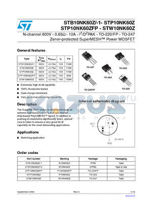 STB10NK60ZT4 datasheet - N-channel 600V - 0.65Y - 10A - I2/D2PAK - TO-220/FP - TO-247 Zener-protected SuperMESH Power MOSFET