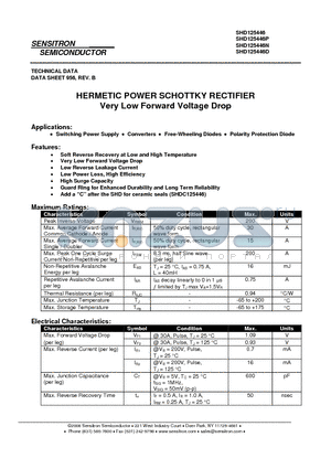 SHD125446N datasheet - HERMETIC POWER SCHOTTKY RECTIFIER Very Low Forward Voltage Drop